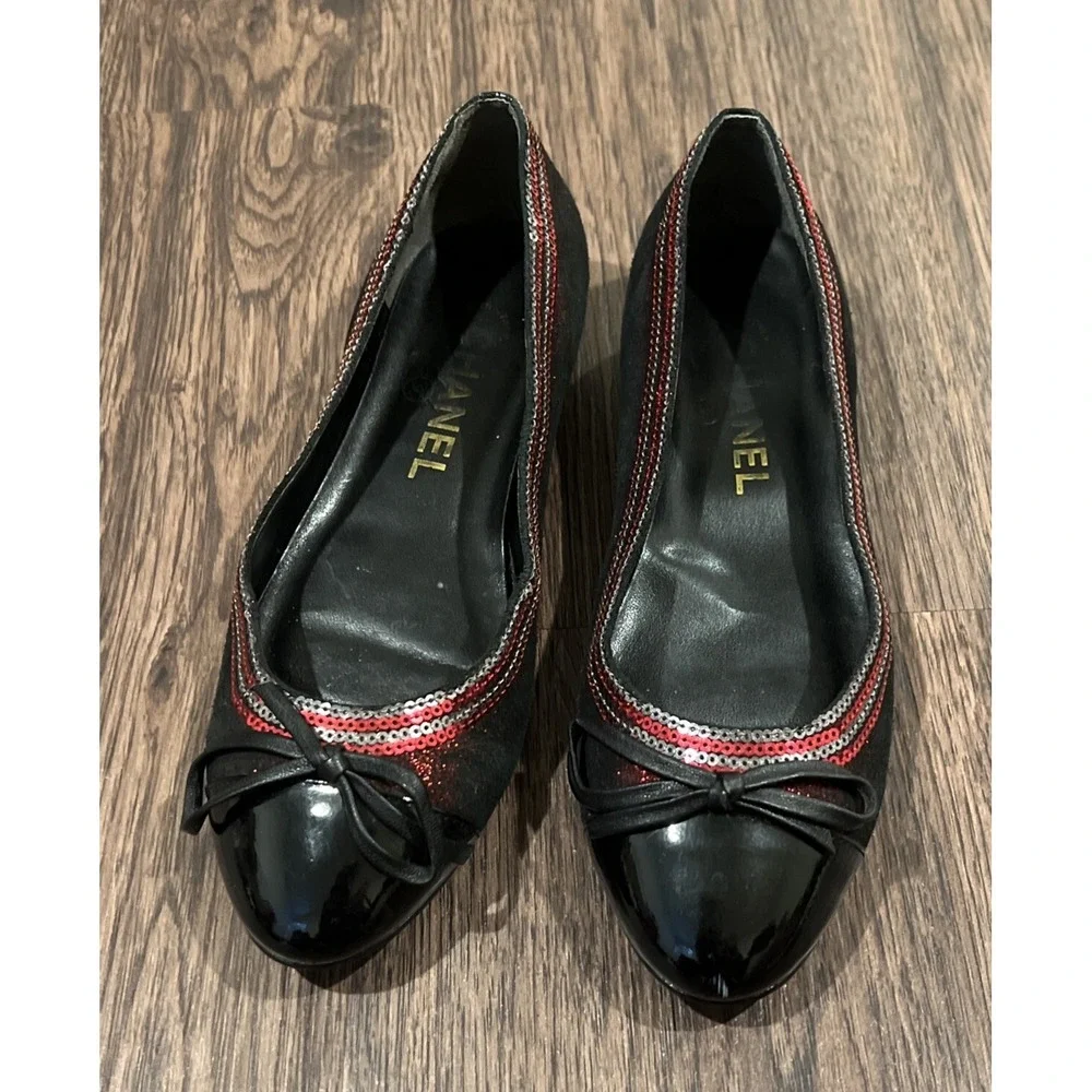 Chanel ballet flats Shoes Suede Color Ruby Glitter Patent size 36 Italy G5091